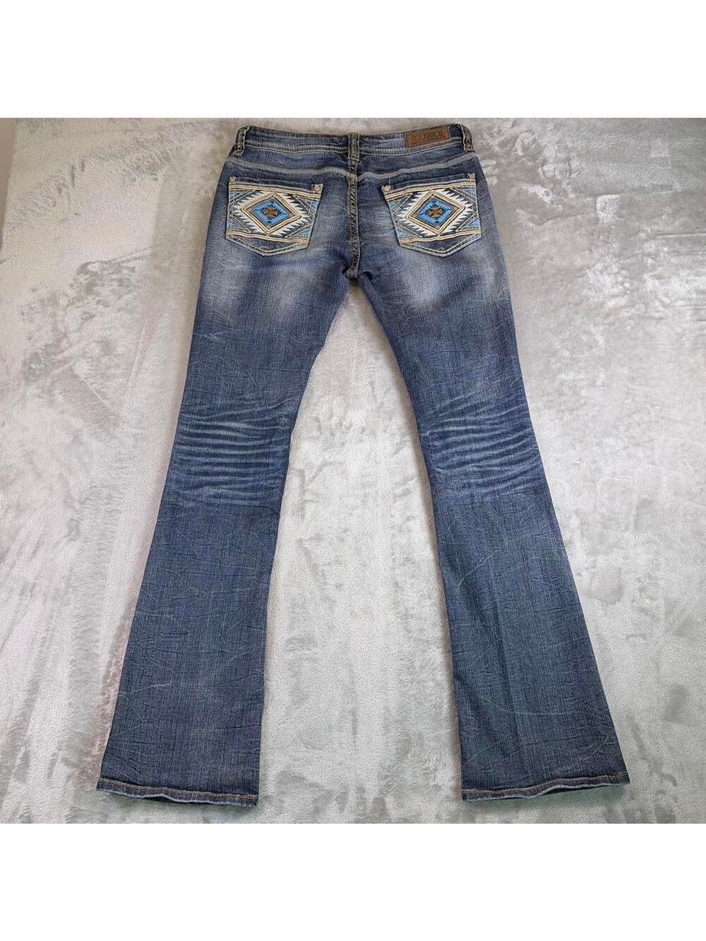 Rock & Roll Cowgirl Blue Denim Flare Jeans with Embroidered Pockets